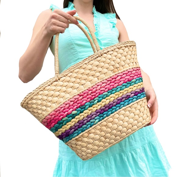 Rainbow Striped Woven Straw Beach Tote Bag - Picture 1 of 3